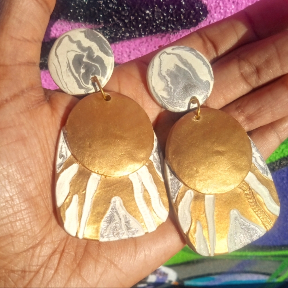 Gold and white clay statement earrings